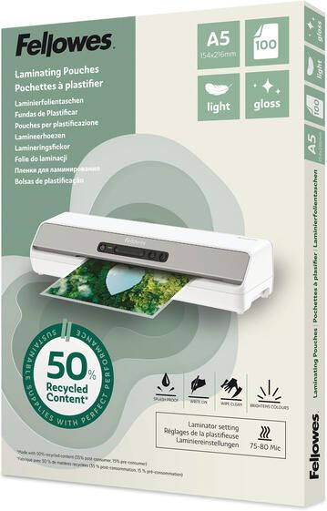 Fellowes A5 Lamineerhoezen 50% gerecycled materiaal Light Glanzend pak 100 stuks - Foto 1