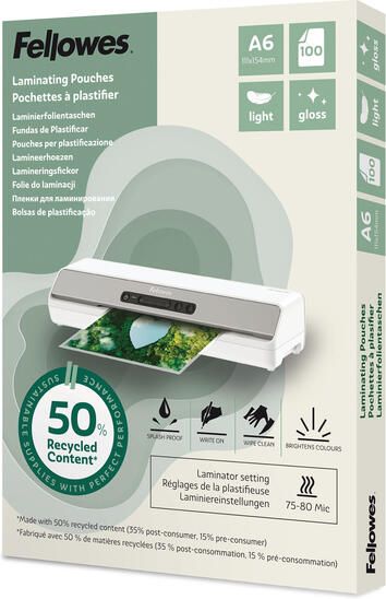 Fellowes A6 Lamineerhoezen 50% gerecycled materiaal Light Glanzend pak 100 stuks