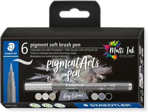 Fimo Staedtler Brushpen Staedtler pigment pen etuià 6 grijze kleuren