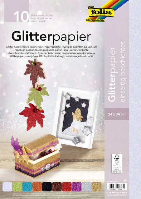 Folia Paper Glitterpapier Folia 1-zijdig 24x34cm 170gr 10 vel assorti
