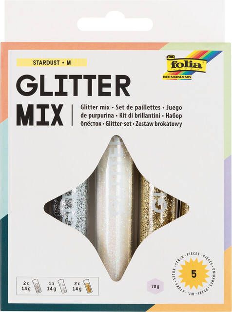 Folia glitterpoeder 2 x goud 2 x zilver en 1 x regenboogkleurig wit