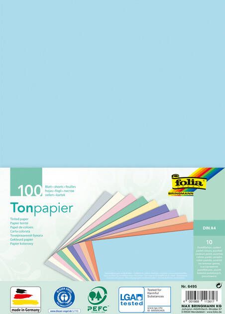 Folia gekleurd tekenpapier pastel ft A4 pak van 100 vel in 10 geassorteerde kleuren