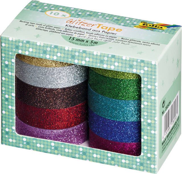 Folia Paper Plakband Folia glitter 5mx15mm 10 stuks 10 kleuren