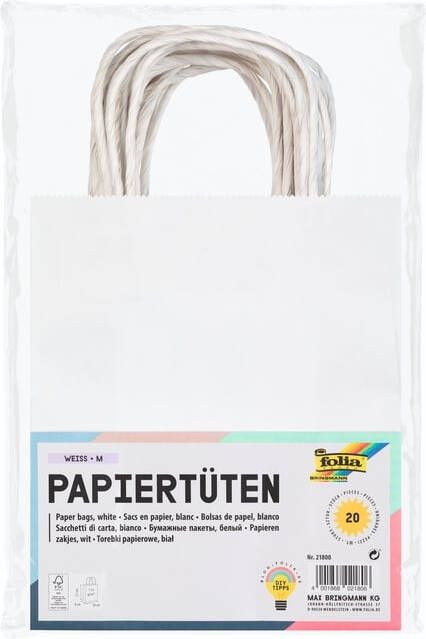 Folia Paper Papieren zakjes met handvat 110g mÂ² 18x21x8cm kraft wit set Ã 20 stuks