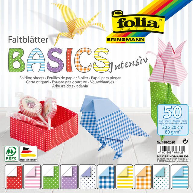 Folia Paper Vouwblaadjes Folia 80gr 20x20cm 50 vel 2-zijdig 10 basics designs