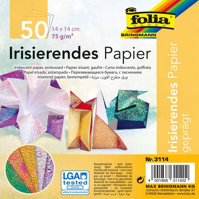 Folia Paper Vouwblaadjes Folia 75gr 14x14cm 50 vel 2-zijdig iriserend embossing assorti kleuren