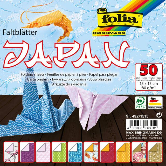 Folia Paper Vouwblaadjes Folia 80gr 15x15cm 50 vel 2-zijdig Japan 10 designs assorti kleuren