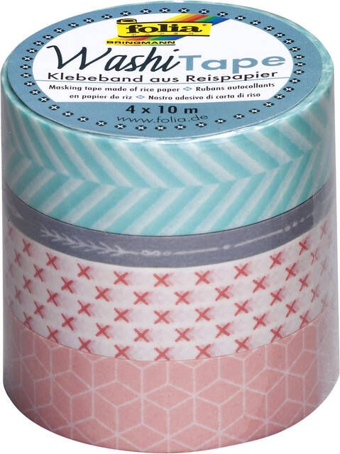 Folia washi tape geometrie pak met 4 stuks in geassorteerde kleuren