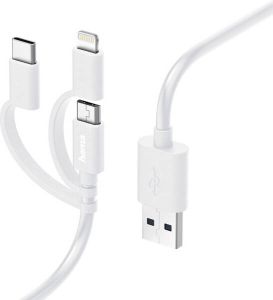 Hama Kabel USB micro 3 in 1 met adapter naar USB C en Lightning 1 meter wit