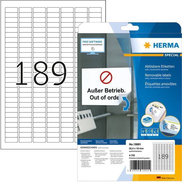 Herma 10001 Verwijderbare etiketten A4 25 4 x 10 mm wit wit MovablesÂ® Technology