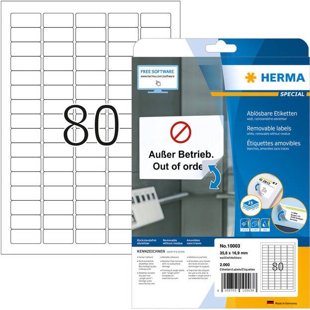 Herma 10003 Verwijderbare etiketten A4 35 6 x 16 9 mm wit wit MovablesÂ® Technology