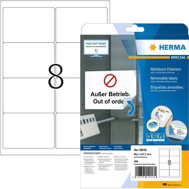 HERMA Etiket 10018 99.1x67.7mm verwijderbaar wit 200stuks