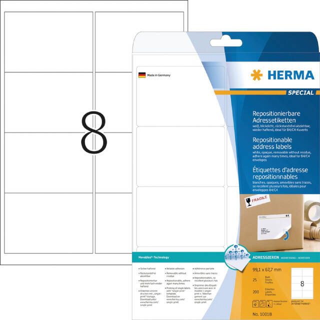 HERMA Etiket 10018 99.1x67.7mm verwijderbaar wit 200stuks