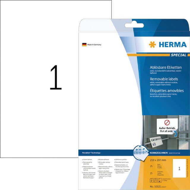 HERMA Etiket 10021 210x297mm A4 verwijderbaar wit 25stuks