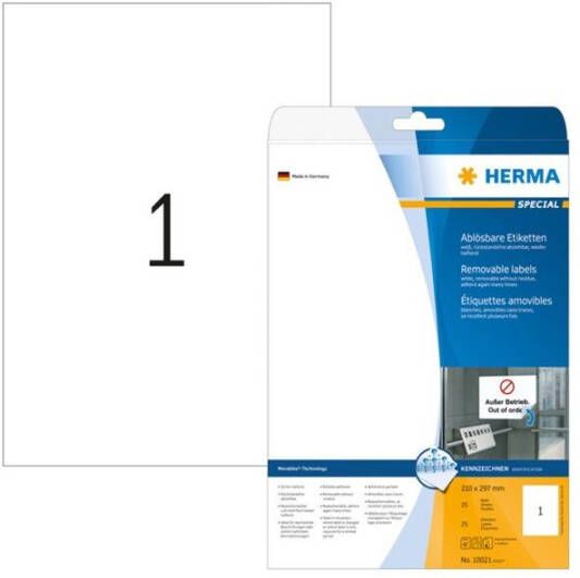 HERMA Etiket 10021 210x297mm A4 verwijderbaar wit 25stuks