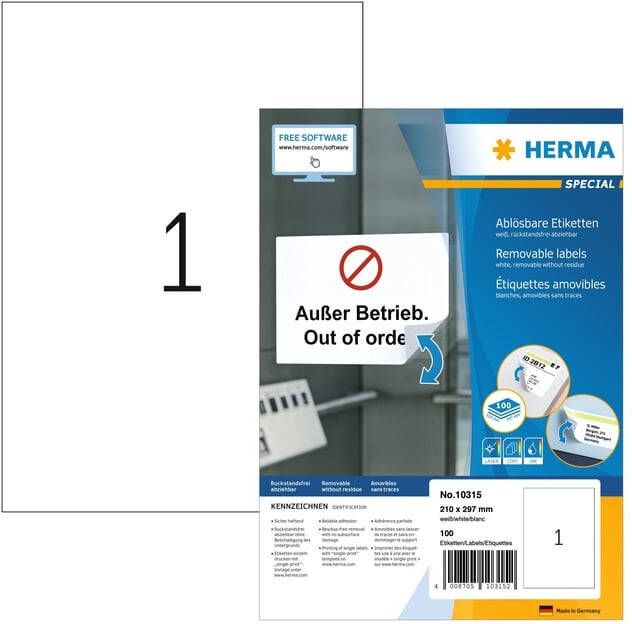 Herma 10315 Verwijderbare etiketten A4 210 x 297 mm wit wit MovablesÂ® Technology