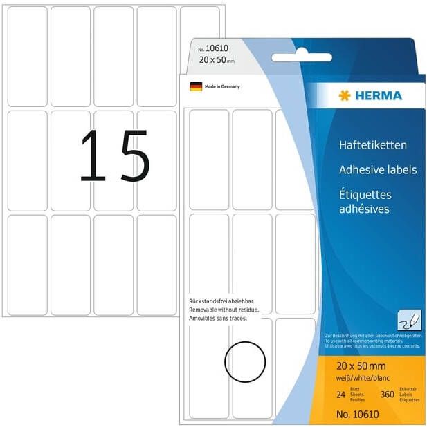Herma 10610 Verwijderbare multipurpose-etiketten 20 x 50 mm wit om met de hand te beschrij