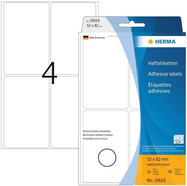 Herma 10618 Verwijderbare multipurpose-etiketten 52 x 82 mm wit om met de hand te beschrij