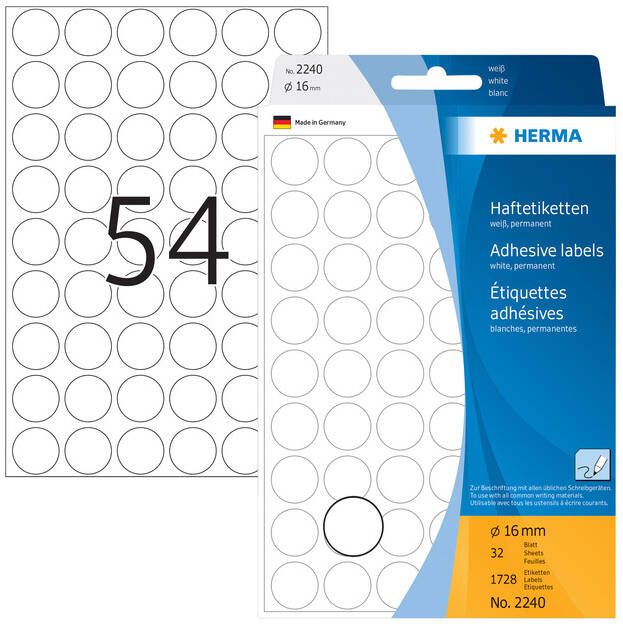 Herma Multipurpose-etiketten Ã 16 mm rond wit permanent hechtend om met de hand te - Foto 1
