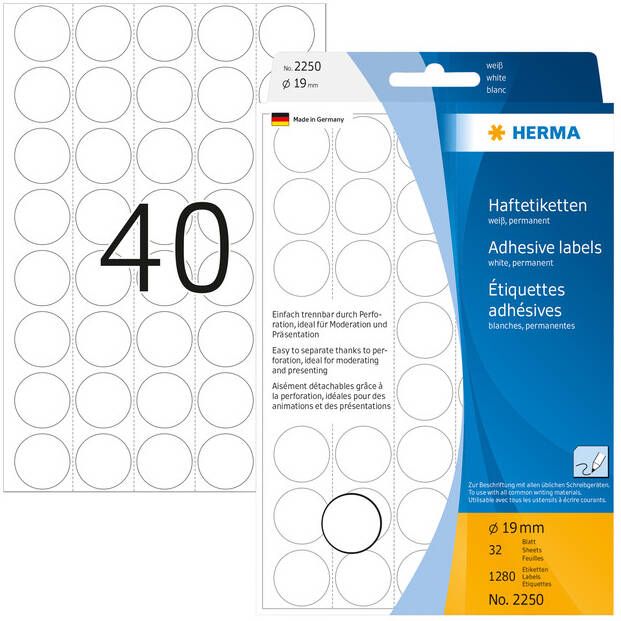 Herma Multipurpose etiketten Ã 19 mm rond wit geperforeerd permanent hechtend om - Foto 3