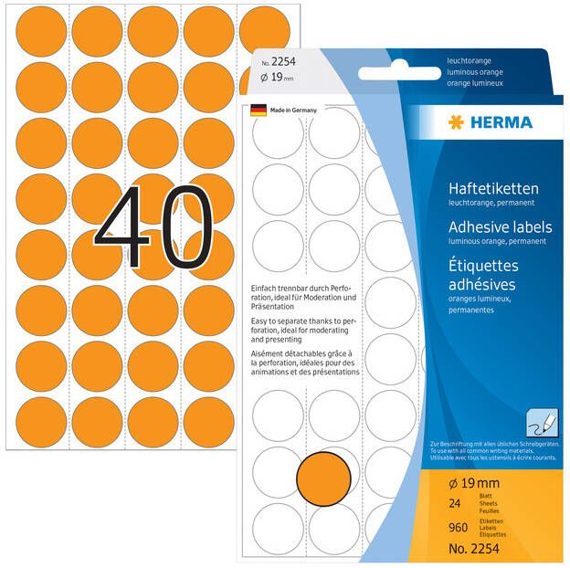 Herma Multipurpose etiketten Ã 19 mm rond fluor oranje geperforeerd permanent hech - Foto 1