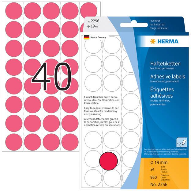 Herma Multipurpose etiketten Ã 19 mm rond fluor rood geperforeerd permanent hechte - Foto 1