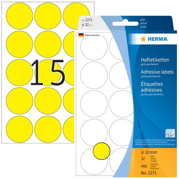 Herma Multipurpose etiketten Ã 32 mm rond geel permanent hechtend om met de hand t - Foto 1