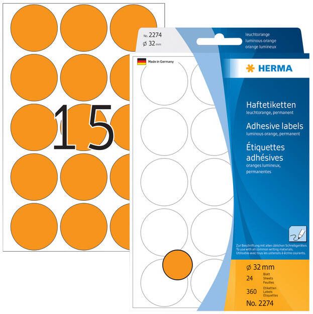 Herma Multipurpose etiketten Ã 32 mm rond fluor oranje permanent hechtend om met d - Foto 1