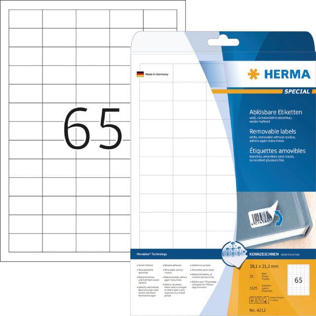 HERMA Etiket 4212 38.1x21.2mm verwijderbaar wit 1625stuks