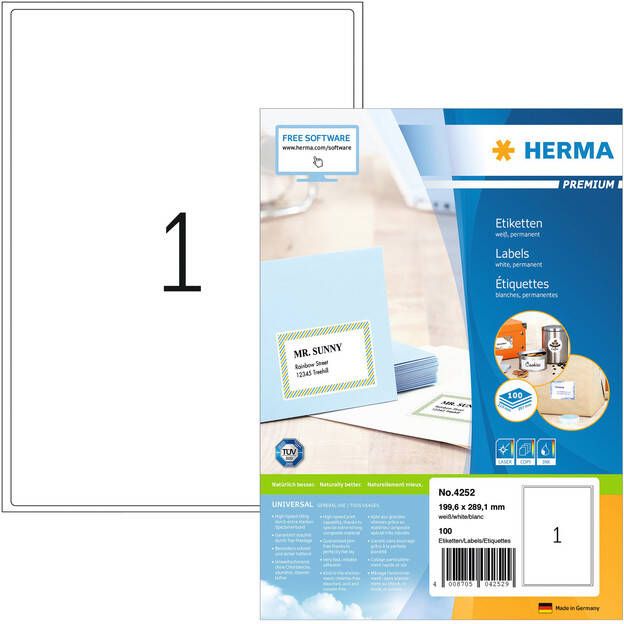 HERMA Etiket 4252 199.6x289 1mm premium wit 100stuks