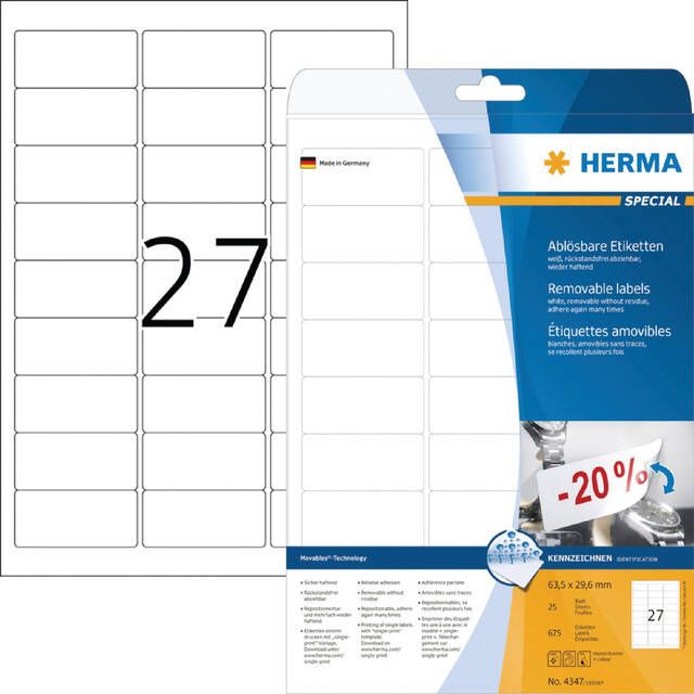 HERMA Etiket 4347 63.5x29.6mm verwijderbaar wit 675stuks