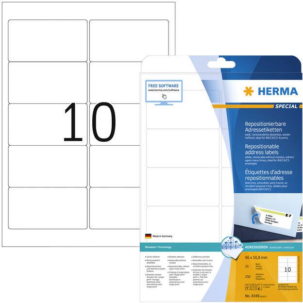 HERMA Etiket 4349 A4 96x50.8mm verwijderbaar wit