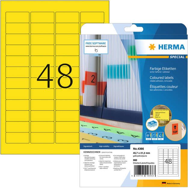 Herma Gekleurde etiketten A4 45 7 x 21 2 mm geel verwijderbaar