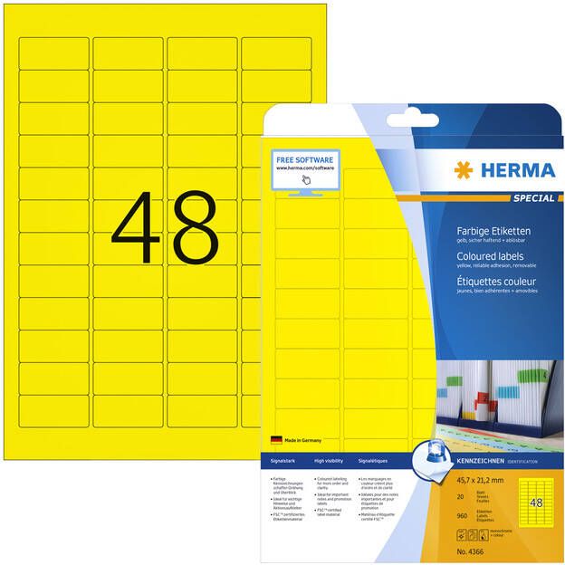 Herma Gekleurde etiketten A4 45 7 x 21 2 mm geel verwijderbaar