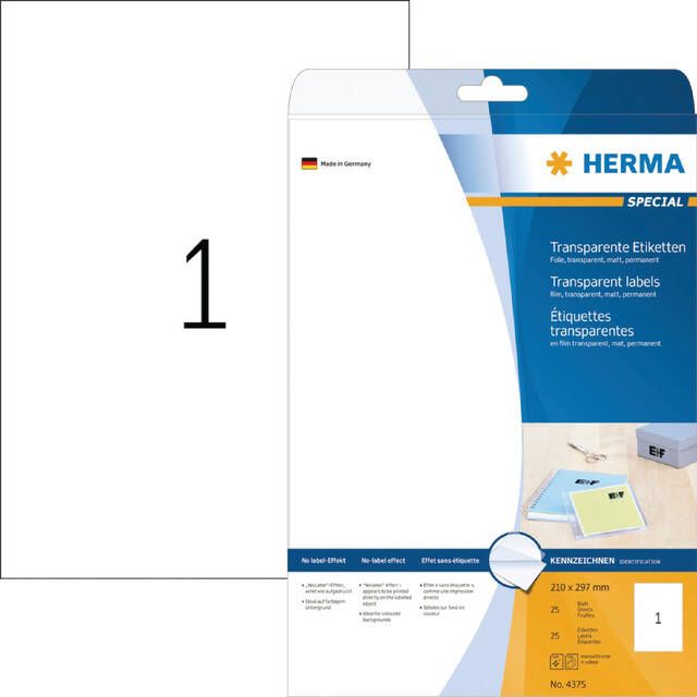 HERMA Etiket 4375 210x297mm A4 transparant 25stuks