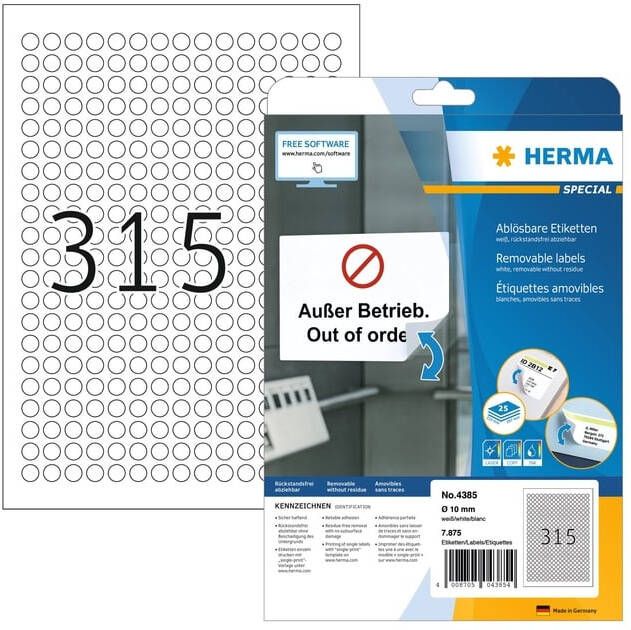 Herma Verwijderbare etiketten A4 Ã 10 mm rond wit wit MovablesÂ® Technology