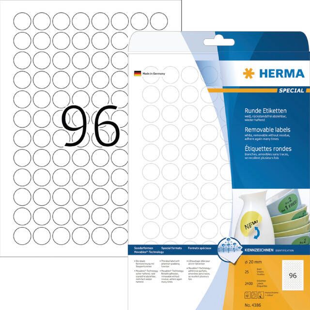 Herma Verwijderbare etiketten 4386 A4 Ã 20 mm rond wit MovablesÂ -Technology