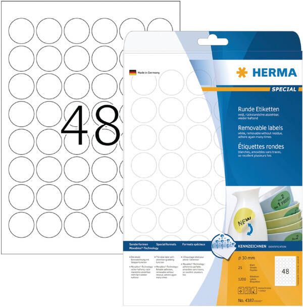 HERMA Etiket 4387 rond 30mm verwijderbaar wit 1200stuks