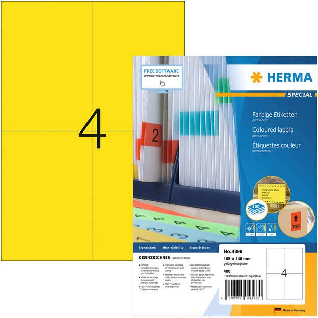 Herma Gekleurde etiketten A4 105 x 148 mm geel permanent hechtend