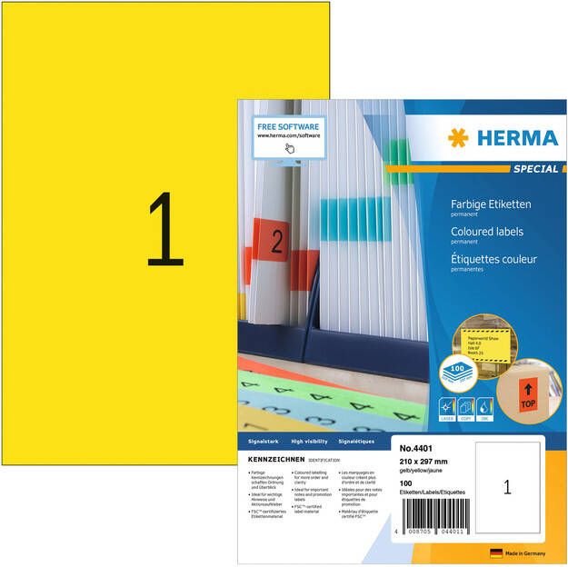 HERMA Etiket 4401 210x297mm A4 geel 100stuks