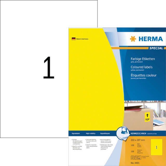 Herma Gekleurde etiketten A4 210 x 297 mm geel permanent hechtend