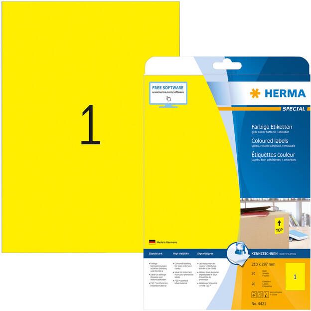 HERMA Etiket 4421 210x297mm verwijderbaar A4 geel 20stuks