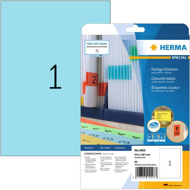 HERMA Etiket 4423 210x297mm A4 verwijderbaar blauw 20stuks