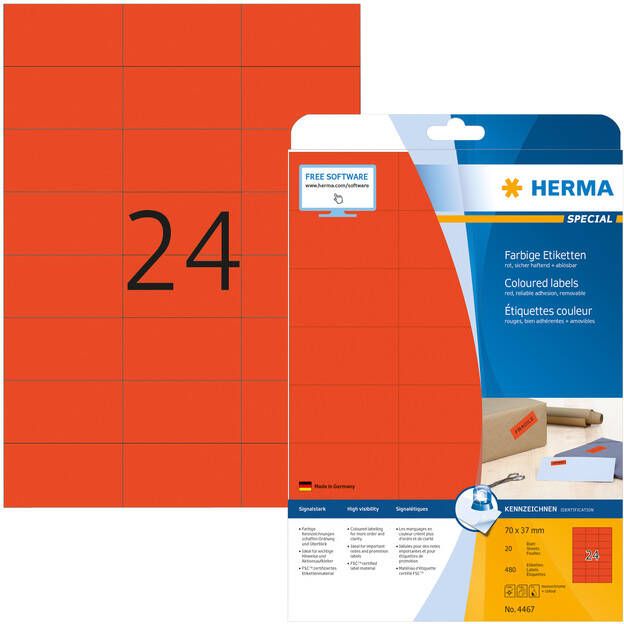 HERMA Etiket 4467 70x37mm verwijderbaar rood 480stuks