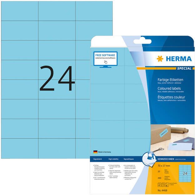 HERMA Etiket 4468 70x37mm verwijderbaar blauw 480stuks