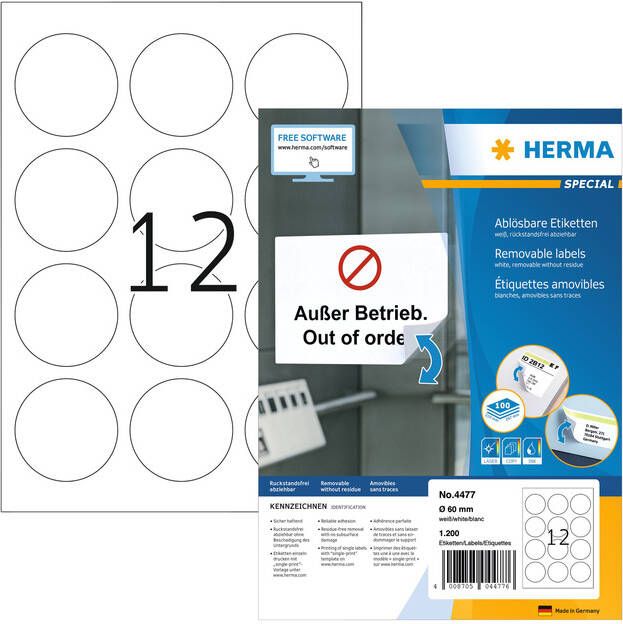 HERMA Etiket 4477 rond 60mm verwijderbaar wit 1200 etiketten