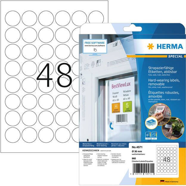 HERMA Etiket 4571 30mm rond folie wit 960stuks