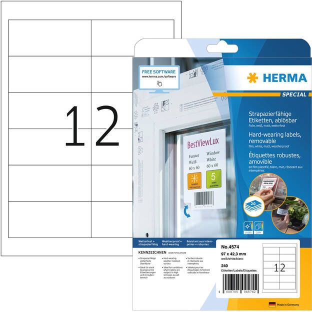 Herma Weervaste folie-etiketten A4 97 0 x 42 3 mm wit verwijderbaar