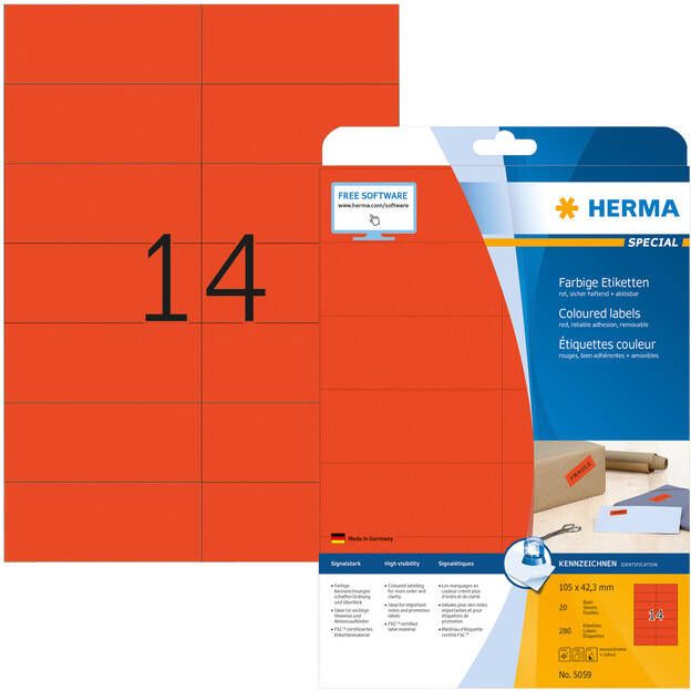 HERMA Etiket 5059 105x42.3mm verwijderbaar rood 280stuks