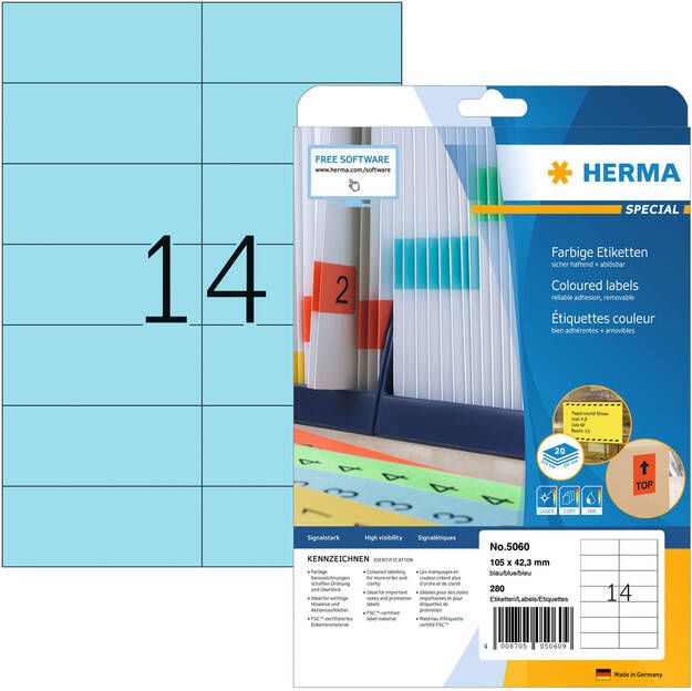 HERMA Etiket 5060 105x42.3mm verwijderbaar blauw 280stuks